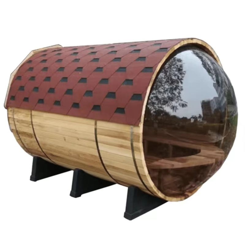 Sauna tradicional de barril de vapor de cedro canadiense / abeto de color madera natural 2025 con estufa de leña de 6KW y vidrio panorámico