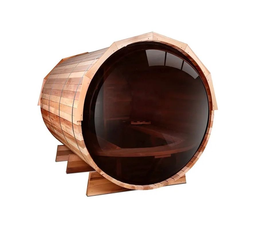 Sauna tradicional de barril de vapor de cedro canadiense / abeto de color madera natural 2025 con estufa de leña de 6KW y vidrio panorámico