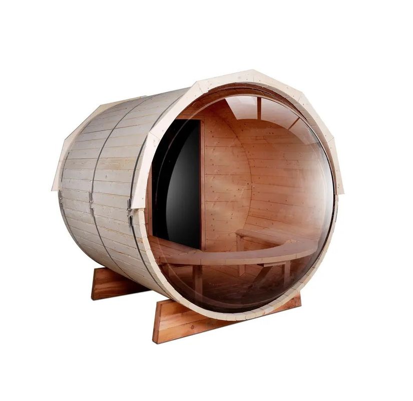 Sauna tradicional de barril de vapor de cedro canadiense / abeto de color madera natural 2025 con estufa de leña de 6KW y vidrio panorámico