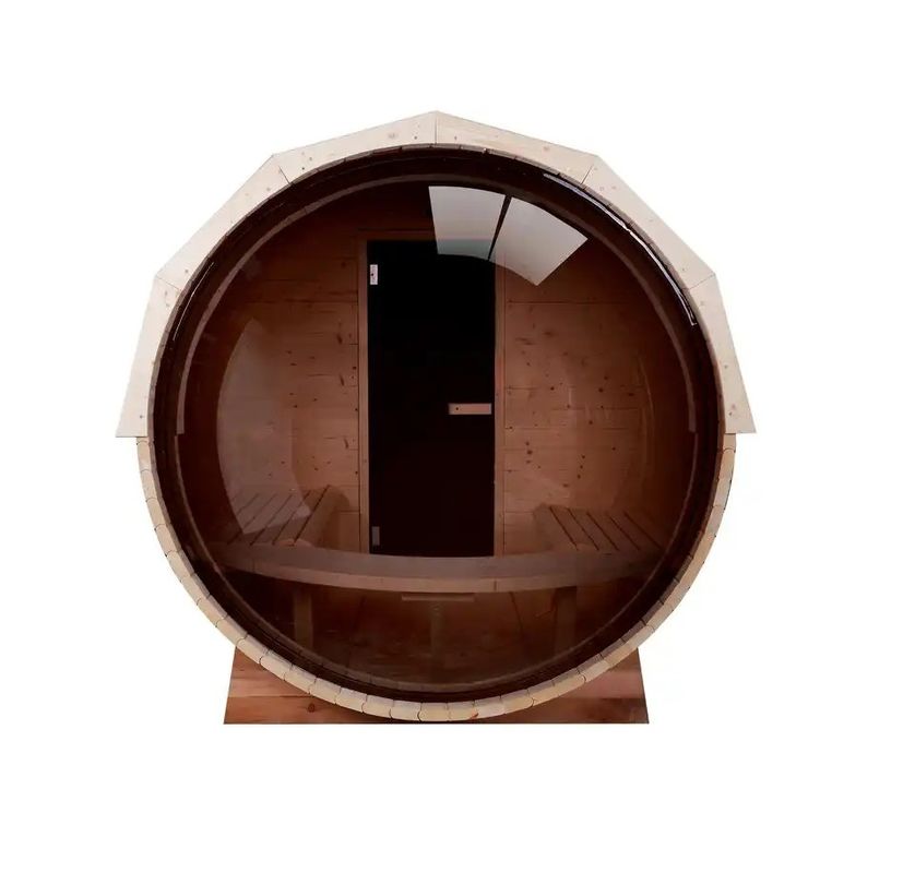 Sauna tradicional de barril de vapor de cedro canadiense / abeto de color madera natural 2025 con estufa de leña de 6KW y vidrio panorámico