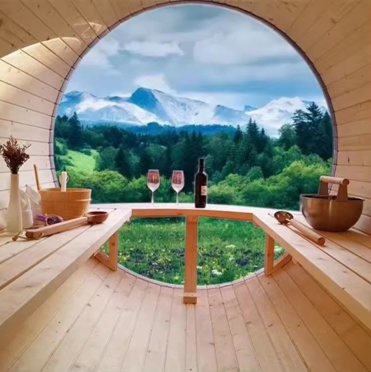 Sauna panorámica de vidrio tradicional para exteriores con cubo de vapor de pino nórdico YSE Red Cedar 2025, para 4 personas