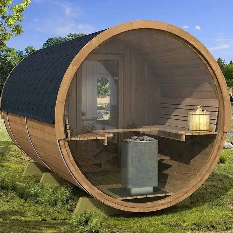 Sauna de barril para exteriores de cedro rojo canadiense 2025 con estufa de sauna a leña, voltaje de 3KW 110V/220V