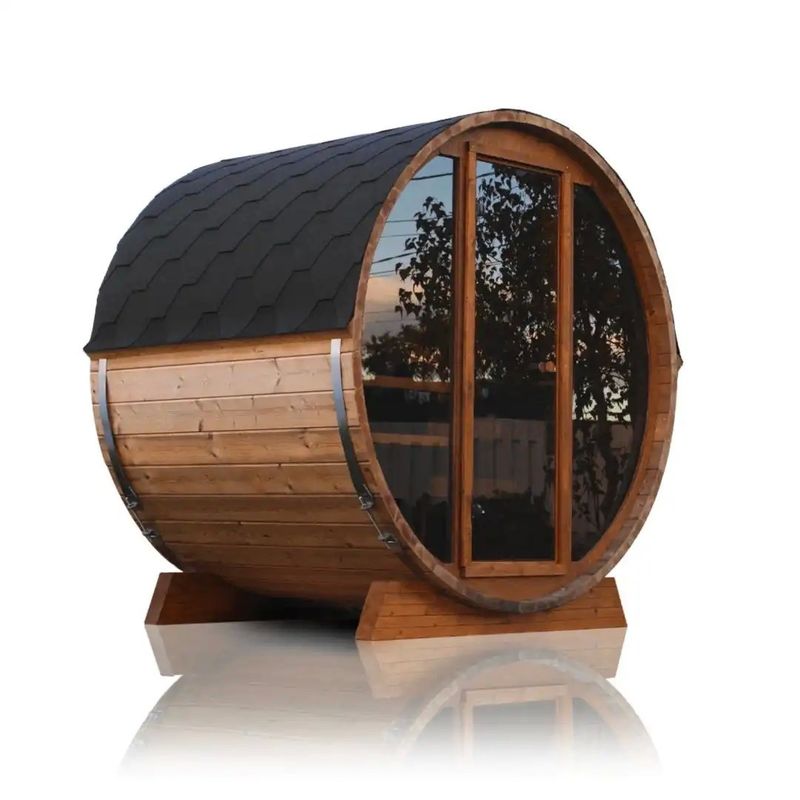 Transom Ventanas 2-4 Personas Hemlock Sauna de barril de cedro rojo con 110V/220V de tensión y sala de vapor