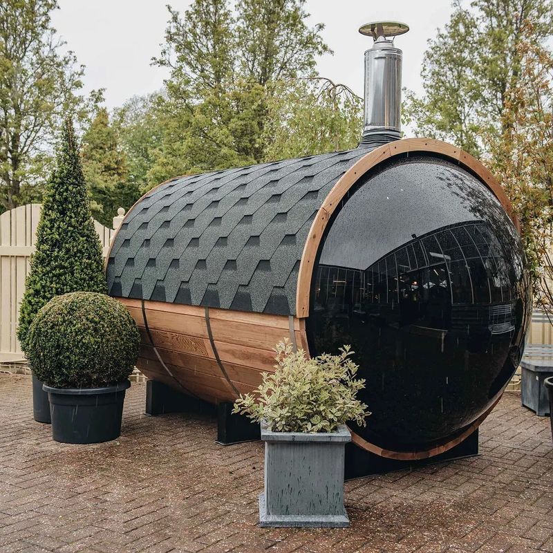 4-8 personas Capacidad Certificado CE Sauna de madera con barril exterior y estufa de leña