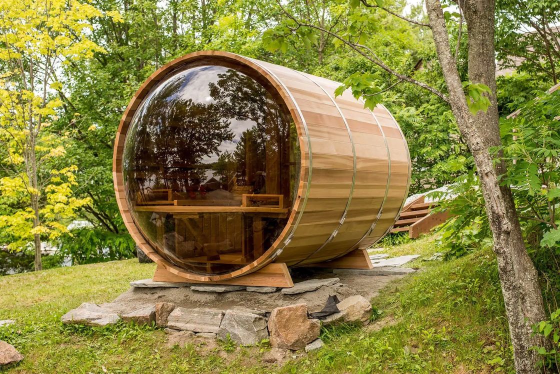 4-8 personas Capacidad Certificado CE Sauna de madera con barril exterior y estufa de leña
