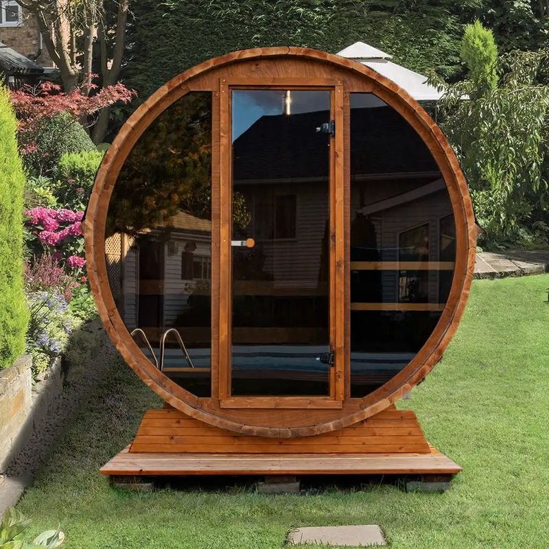 Sauna exterior de vapor seco para exteriores de madera maciza de cedro rojo de 2025 para 4-6 personas, barril de cicuta con estufa y construcción duradera