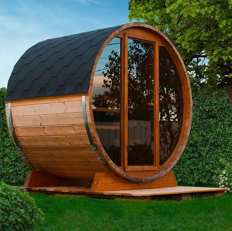 Sauna exterior de vapor seco para exteriores de madera maciza de cedro rojo de 2025 para 4-6 personas, barril de cicuta con estufa y construcción duradera