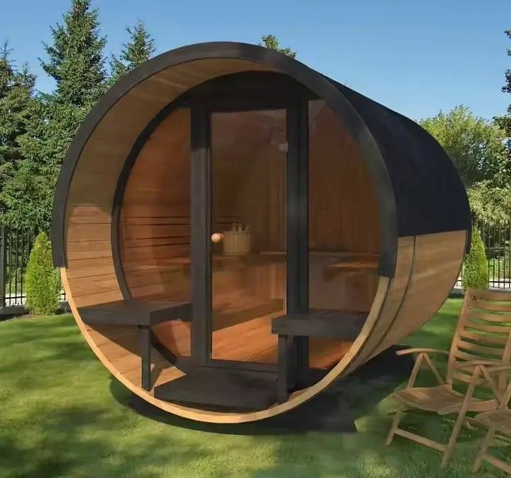 Sauna exterior de vapor seco para exteriores de madera maciza de cedro rojo de 2025 para 4-6 personas, barril de cicuta con estufa y construcción duradera