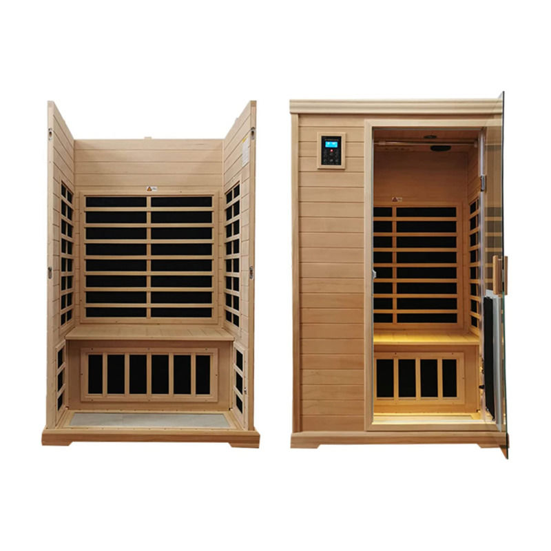 Sauna tradicional de infrarrojos de madera para 2 personas, calefacción de 1750W, 9 placas, tiempo de precalentamiento de 10 minutos y control preestablecido de temperatura