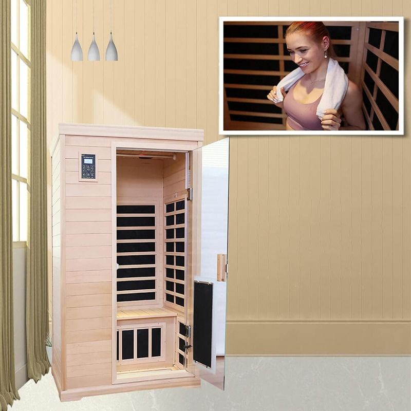 Sauna tradicional de infrarrojos de madera para 2 personas, calefacción de 1750W, 9 placas, tiempo de precalentamiento de 10 minutos y control preestablecido de temperatura