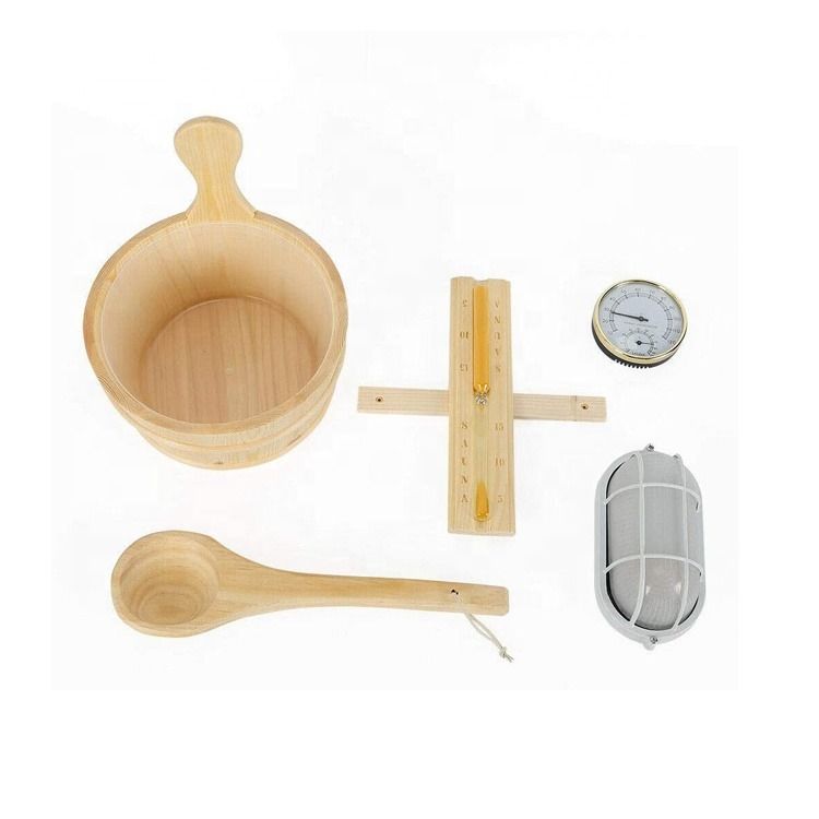 Accesorios de sauna Kit de cubo de madera Lámpara de cubo de cubo Temporizador de bolsillo tradicional con termómetro Cucharada de agua Reloj de arena Spa Kit de sauna para el hogar