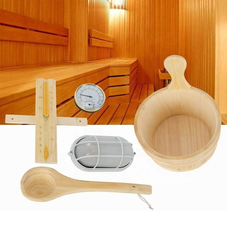 Accesorios de sauna Kit de cubo de madera Lámpara de cubo de cubo Temporizador de bolsillo tradicional con termómetro Cucharada de agua Reloj de arena Spa Kit de sauna para el hogar