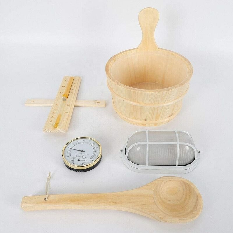 Kit de sauna de spa balde de madera balde de la lámpara de barro Temporizador tradicional de bolsillo con termómetro cucharada de agua reloj de arena Sauna paquete de accesorios