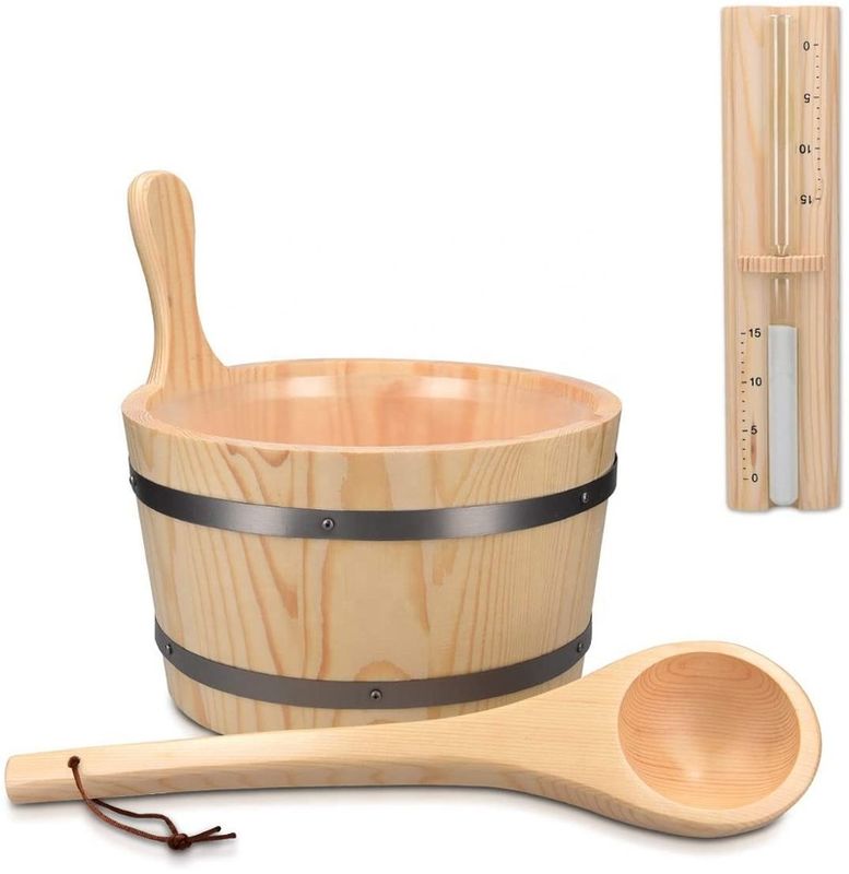 Sauna tradicional Cubo de madera con bolsillo Spa Accesorio esencial para el baño de vapor De madera de pino Cubo de línea de bolsillo Tiempo de arena de plástico