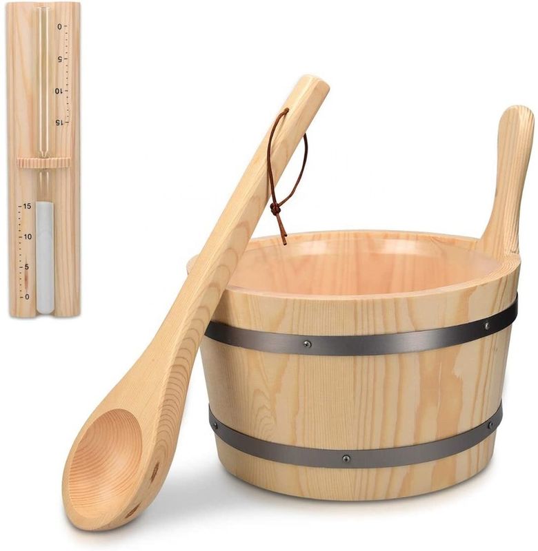 Sauna tradicional Cubo de madera con bolsillo Spa Accesorio esencial para el baño de vapor De madera de pino Cubo de línea de bolsillo Tiempo de arena de plástico